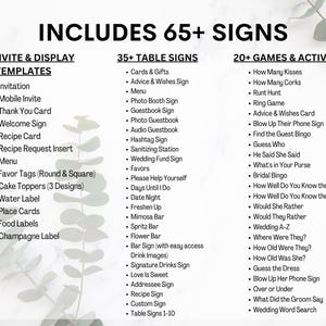 May include: A digital print with the text "INCLUDES 65+ SIGNS" and lists of templates, table signs, and games for weddings and events. Includes invitations, menus, games, and more. The background is a marble texture with greenery.