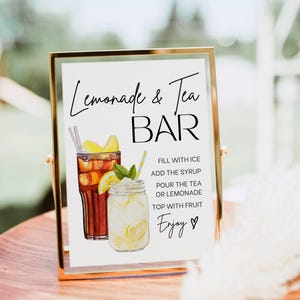 Letrero de bar de té helado y limonada, impresión de cóctel sin alcohol para bar de limonada, plantilla de menú de bebidas de autor, póster sin alcohol, decoración para despedida de soltera de bebé y graduación.