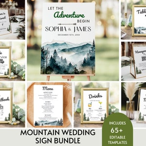 Pacchetto di cartelli per matrimoni in montagna foresta, oltre 65 modelli di cartelli per matrimoni moderni, pacchetto di modelli per cartelli per matrimoni, segnaletica per matrimoni avventurosi stampabile