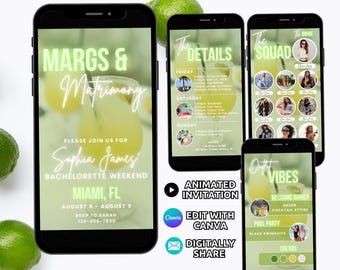 Margs and Matrimony Bachelorette Party Invitation & Itinerary, Margarita Bach Weekend Invite, Beach Bachelorette Editable Digital Template