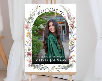 Wildflower Graduation Party Welcome Sign Template, Grad Party Welcome Sign Boho Floral Arch Photo Graduation Celebration Welcome Sign Poster
