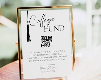 College Fund QR Code Sign Template, Modern Minimalist Graduation Party Sign, Custom High School Grad Table Sign, Venmo QR Code Sign Editable