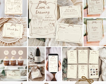 Lot de douche nuptiale Love is Brewing, invitation de douche nuptiale Martini expresso, panneaux d'invitation et jeux, modèle modifiable de café avec noeud dessiné à la main