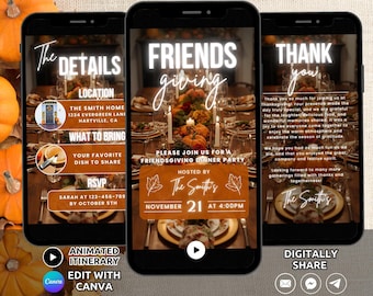 Może przedstawiać: Trzy ekrany smartfonów wyświetlające cyfrowy szablon zaproszenia na Friendsgiving. Projekty zawierają tło stołu jadalnego, biały tekst, w tym The Details, Friendsgiving i Thank You, oraz pomarańczowe akcenty.