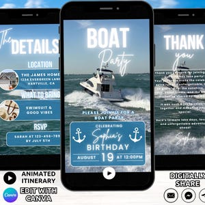 Boat Party Invitation Template, Digital Boat Birthday Party Invite, Animated Lake Beach Yacht Pontoon Party Summer Celebration Invite Phone