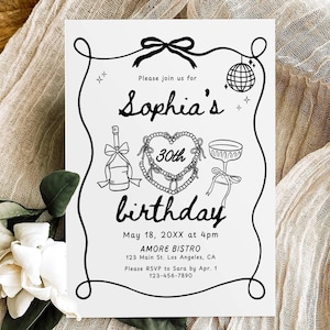 Hand Drawn Birthday Party Invitation Template, Whimsical 30th Birthday Invite, 40th 50th Doodle Birthday Dinner Celebration Invite Printable