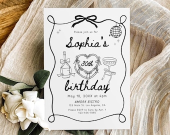 Hand Drawn Birthday Party Invitation Template, Whimsical 30th Birthday Invite, 40th 50th Doodle Birthday Dinner Celebration Invite Printable