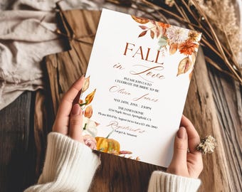 Fall in Love Bridal Shower Invitation Template, Fall Floral Wedding Shower Invite, Autumn Pumpkin Wildflowers Bridal Brunch Invite Editable