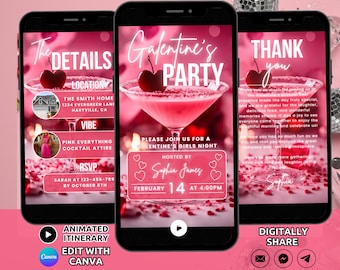Digital Galentine&#39;s Party Invitation Template, Valentines Party Invite Girls Night Cocktail party Cherry Pink Galentines Drinks Invite Phone
