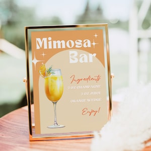 Znak Mimosa Bar, Nowoczesny nadruk koktajlowy Mimosa, Znak Mimosa, Szablon Brunch Bubbly Bar, Tagi Mimosa Juice na wieczór panieński w stylu retro