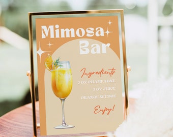 Mimosa Bar Sign, Modern Mimosa Cocktail Print, Mimosa Sign, Brunch Bubbly Bar Template, Retro Baby Bridal Shower Mimosa Juice Tags