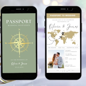 May include: Two smartphone mockups displaying wedding invitations with a passport theme. The left mockup features a compass with a gold design on a green background. The right mockup features a world map with a gold design and a plane icon. The text on the invitations reads "Passport to Wedding" and "Olivia & James".