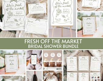 May include: A bridal shower stationery bundle featuring white paper goods with sage green line art, including invitations, recipe cards, signage, cupcake toppers, and game cards, all decorated with a bow and market produce illustrations.