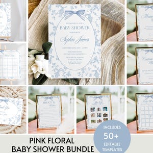 Paquete de baby shower Toile De Jouy, paquete de baby shower con lazo azul para niño, letreros y juegos de brunch para bebés florales vintage Plantilla imprimible editable