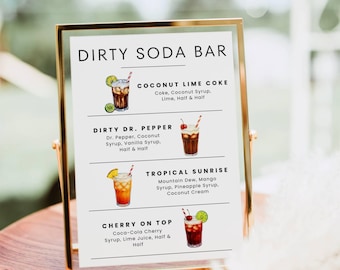 Dirty Soda Bar Sign, Soda bar Mocktail Print, Signature Drink Recipes Template Poster, Non Alcoholic Pop Bar Grad Baby Bridal Shower Decor