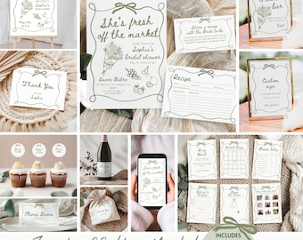 Fresh off the Market Bridal Shower Bundle, Farmer's Market Bridal Shower Invite Signs & Games Bundle Hand Drawn Floral Editable Template