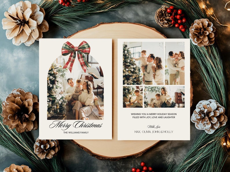 May include: A Christmas card with a photo of a family in front of a Christmas tree. The card has a red and green bow on top and the text "Merry Christmas" and "The Williams Family". The back of the card has a collage of photos of the family and the text "Wishing you a Merry Holiday Season filled with joy, love and laughter. With Love Max, Olma, John & Molly."