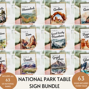 Numeri da tavolo per matrimoni nel Parco Nazionale, Numeri da tavolo per avventure, Numeri da tavolo per foreste di montagna, Segni di matrimonio per ricevimento Stampabili personalizzati 63 NPS