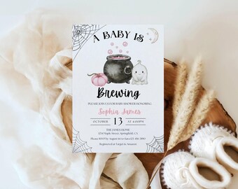 Baby is Brewing Baby Shower Invitation Template, Halloween Baby Shower Invite, Girl Baby Brunch Invite Spooky Cauldron Editable Printable