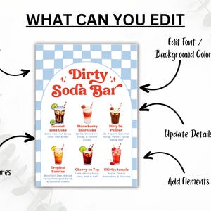 May include: A sign with the text "Dirty Soda Bar" and illustrations of various soda drinks. The sign includes editable text, font, background colors, and the ability to add pictures and elements. The background has a blue and white checkered pattern.