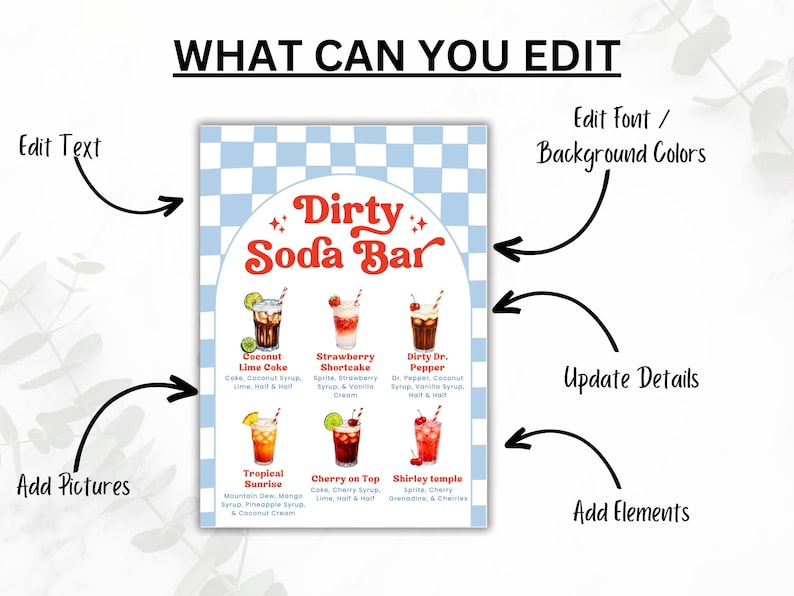 May include: A sign with the text "Dirty Soda Bar" and illustrations of various soda drinks. The sign includes editable text, font, background colors, and the ability to add pictures and elements. The background has a blue and white checkered pattern.