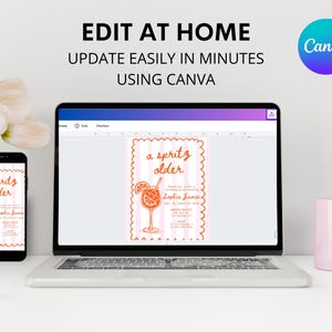 May include: A laptop, smartphone, and pink mug are on a white surface. The laptop and smartphone display a party invitation design with a cocktail illustration and the text "a spritz older". The Canva logo is visible.