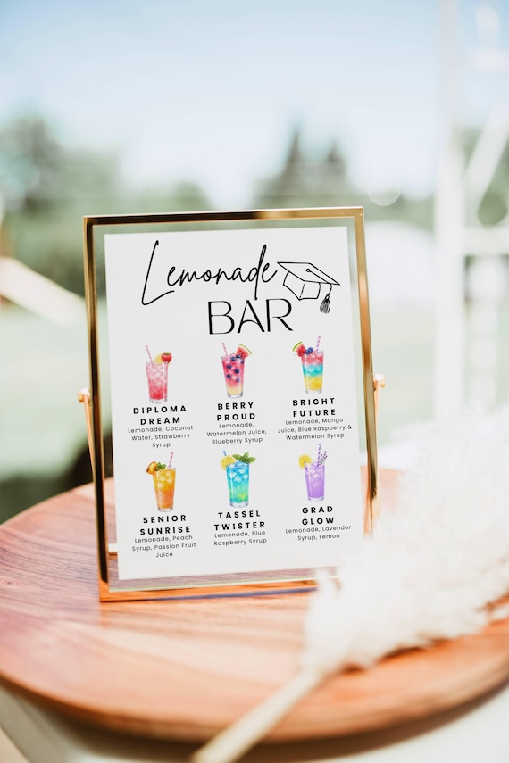 Lemonade Bar Sign, Lemonade bar Mocktail Print, Graduation Party Drink Menu Template Poster Non Alcoholic Bar Grad Birthday Table Sign Decor