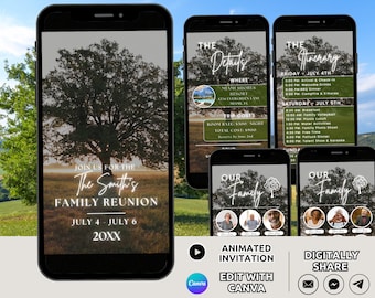 Digital Family Reunion Invitation & Itinerary Template, Family Vacation Weekend Invite, Animated Family Tree Party Schedule BBQ Invite Phone