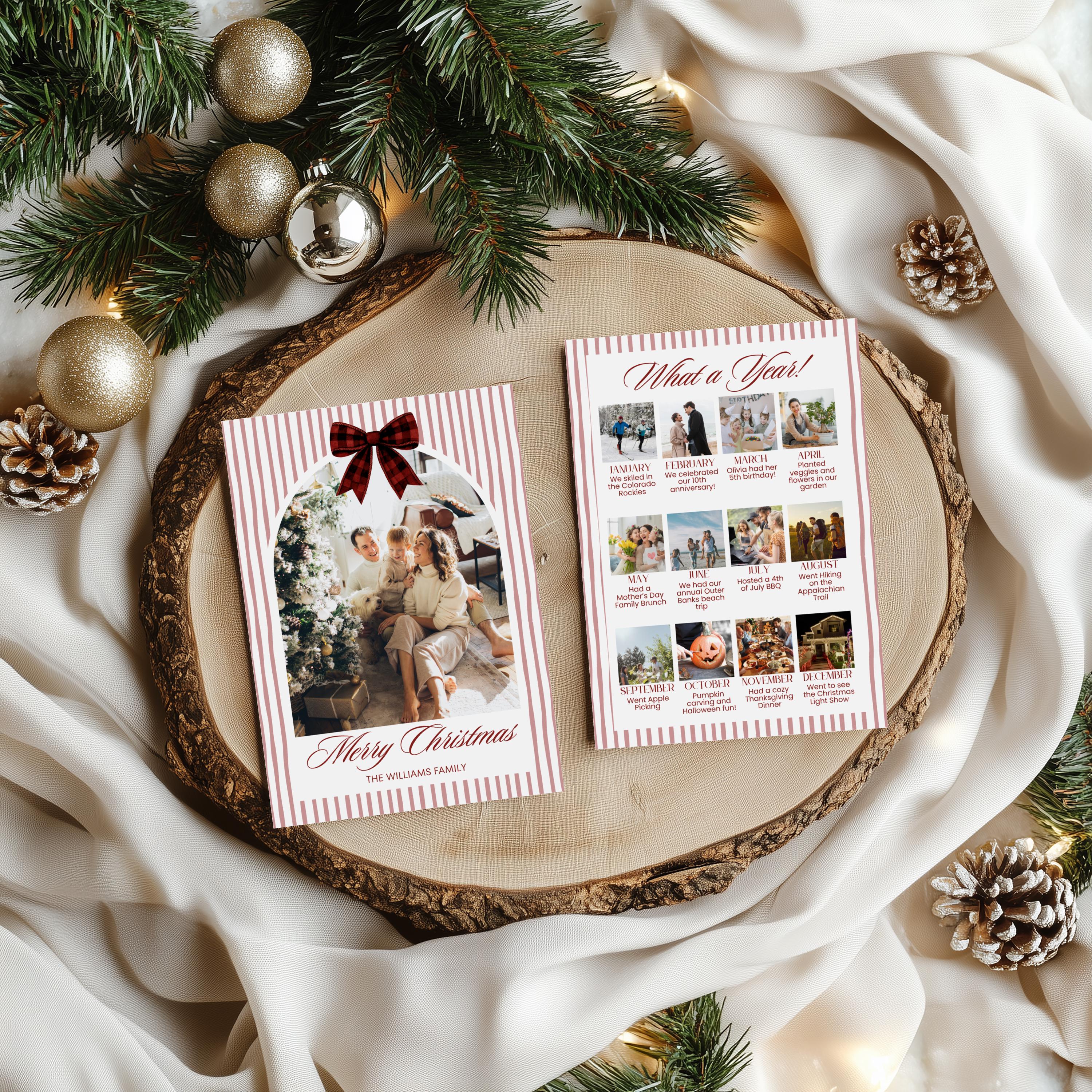 Holiday Photo Card Template, Red Bow Stripe Christmas Card, Printable ...