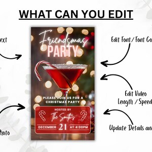 May include: A red and white Christmas party invitation with a martini glass filled with a red liquid and a candy cane. The text reads "Friendsmas Party" and "Please join us for a Christmas party".
