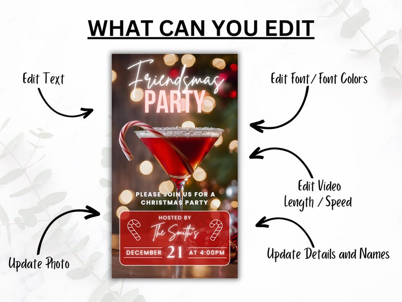 May include: A red and white Christmas party invitation with a martini glass filled with a red liquid and a candy cane. The text reads "Friendsmas Party" and "Please join us for a Christmas party".
