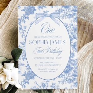 Blue Toile 1st Birthday Party Invitation Template, Coquette Birthday Invite,  Floral One First Birthday Dinner Celebration Invite Printable