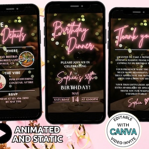 Digital Birthday Dinner Party Invitation, Video Pink Birthday Brunch Evite For Her Girls Night Animated Invite e-vite Editable Template