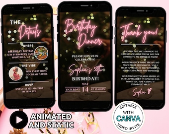 Digital Birthday Dinner Party Invitation, Video Pink Birthday Brunch Evite For Her Girls Night Animated Invite e-vite Editable Template