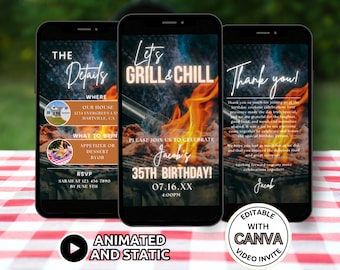 May include: A digital invitation for a 35th birthday party with a barbecue theme. The invitation features a photo of a grill with flames and the text "Let's Grill & Chill" in orange and white. The invitation also includes the date and time of the party, as well as the location. The text "Jacob's 35th Birthday!" is in a large, bold font.