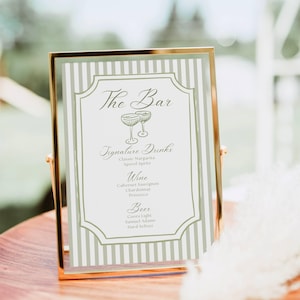 Bar Menu Sign Template, Classic Hand drawn Signature Drink Bar Menu, Sage Green Stripes Wedding Shower Birthday Party Cocktail Bar Sign
