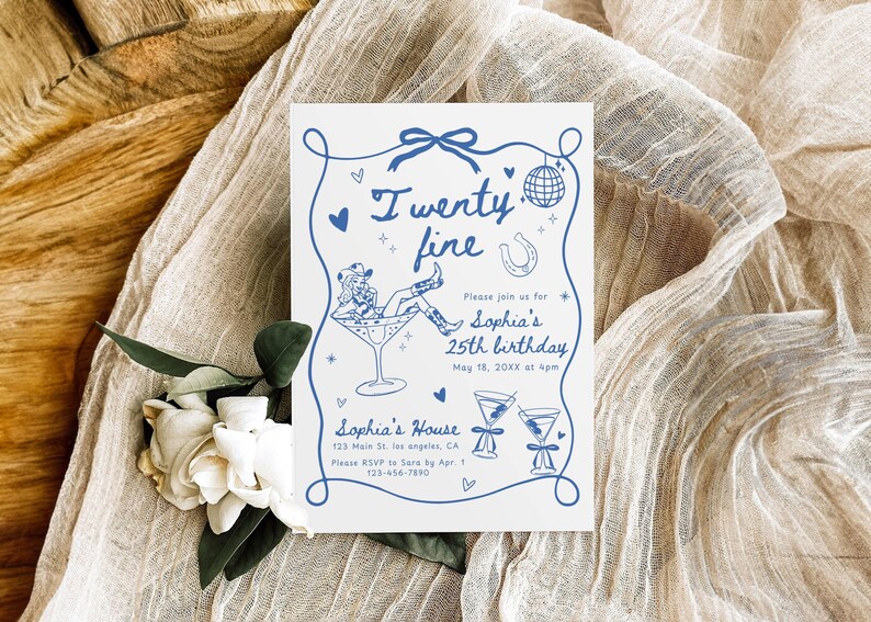 Hand Drawn Twenty Fine Birthday Party Invitation Template, 25th Birthday Invite, Cowgirl 21st 24th Birthday Dinner Celebration Printable image 2