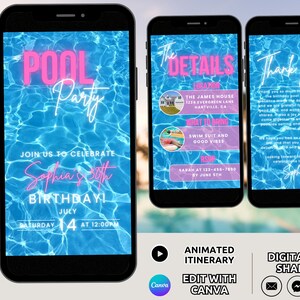 Pool Birthday Invitation Template, Digital Pool Party Invite Animated, Summer Birthday Party Itinerary Pool Beach Celebration Invite Phone