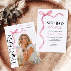 Rosa Bogen 13.Geburtstags-Party Einladung Vorlage, Mädchen Kokette Geburtstag einladen, 13 Dreizehnte Geburtstagsfeier einladen Invite Printable