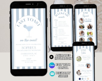 May include: Four smartphones display digital bachelorette weekend invitation templates with light blue and white vertical stripes. The screens feature arched frames, cocktail graphics, event schedules, and photo collages with text including Last Toast on the coast, Weekend events, The Squad, and The Vibe.