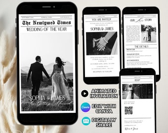 Digital Newspaper Wedding Invitation Suite Template, Animated Wedding Newspaper Invite Set, Wedding Tabloid Invite Bundle QR RSVP Editable