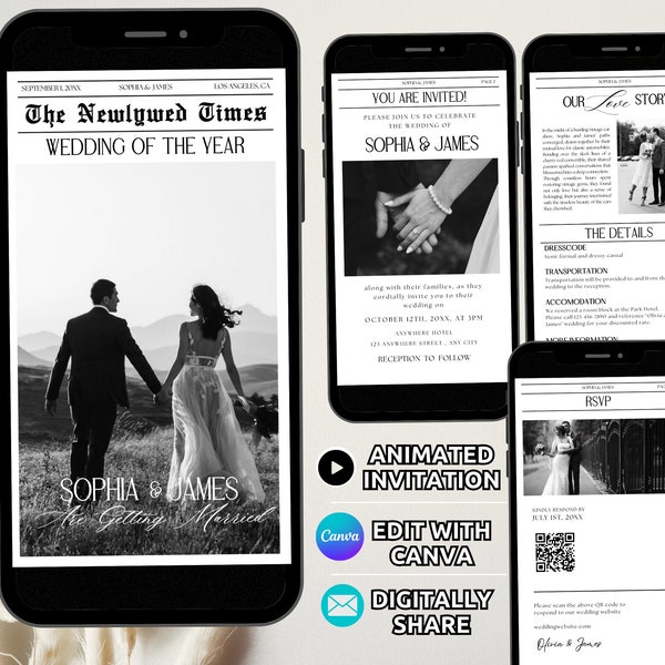 Digital Newspaper Wedding Invitation Suite Template, Animated Wedding Newspaper Invite Set, Wedding Tabloid Invite Bundle QR RSVP Editable