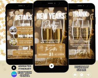 Digital 2025 New Years Party Invitation Template, Animated Gold Champagne New Years Eve Party Invite, NYE Dinner Party evite Phone Invite