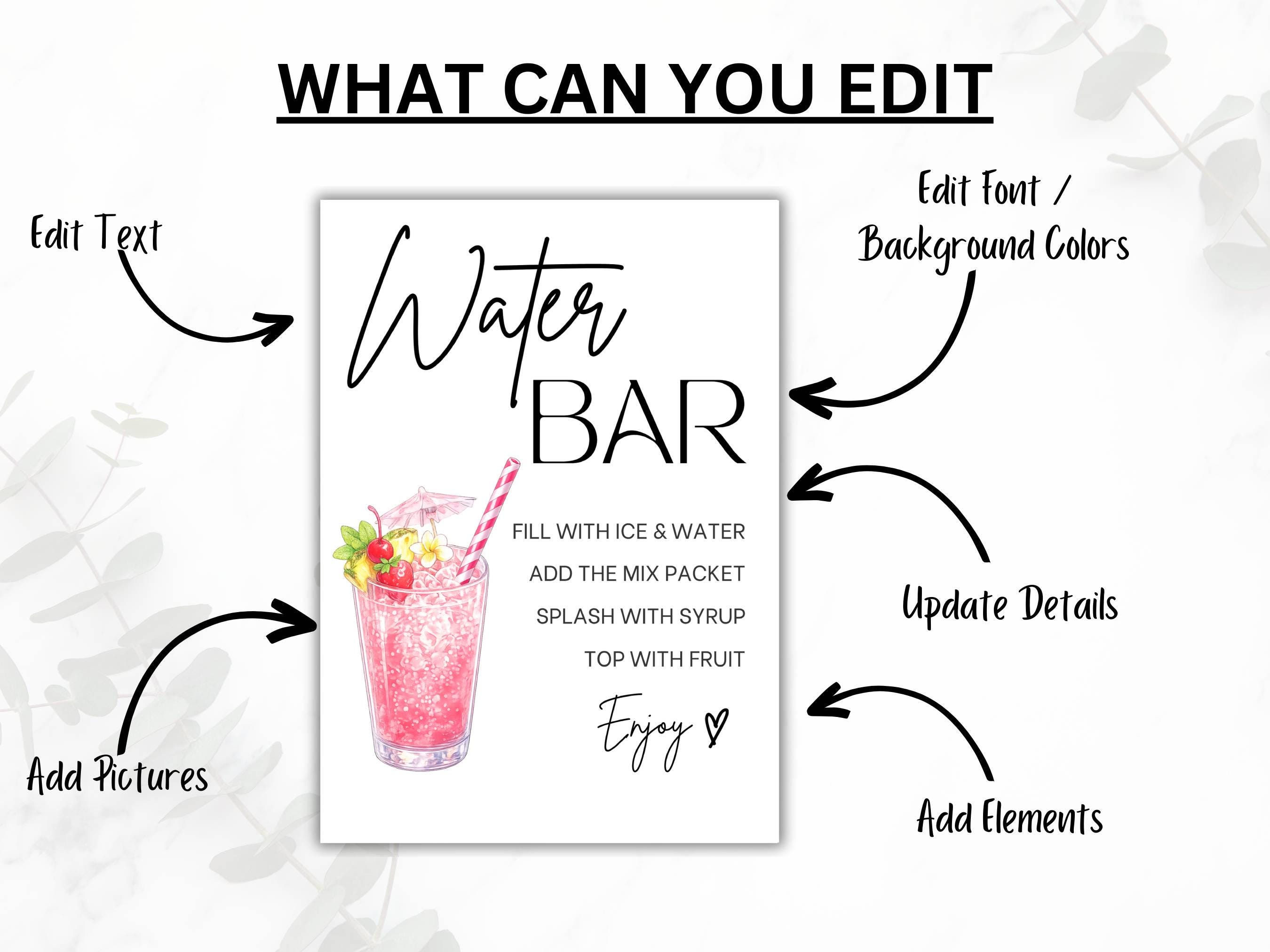 Water Bar Sign, Water Bar Recipes Mocktail Print Template, Non ...