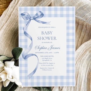 Blue Gingham Baby Shower Invitation Template, Bow Plaid Baby Shower Invite, Classic Vintage Its a Boy Baby Brunch Invite Editable Printable