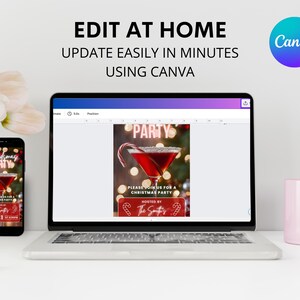 May include: A laptop computer screen displaying a Canva design template for a Christmas party invitation. The design features a red cocktail glass with a candy cane garnish and the text "Party" in neon pink letters. The text "Please join us for a Christmas party" is also included in the design.