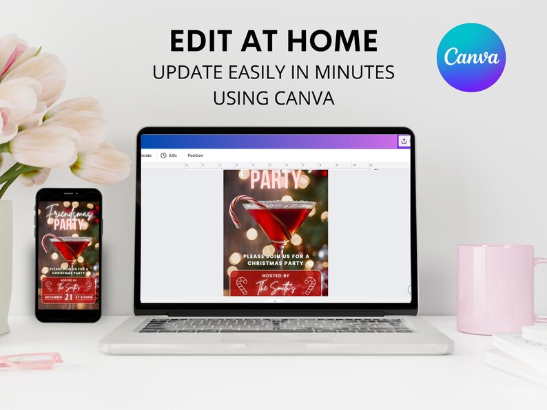 May include: A laptop computer screen displaying a Canva design template for a Christmas party invitation. The design features a red cocktail glass with a candy cane garnish and the text "Party" in neon pink letters. The text "Please join us for a Christmas party" is also included in the design.