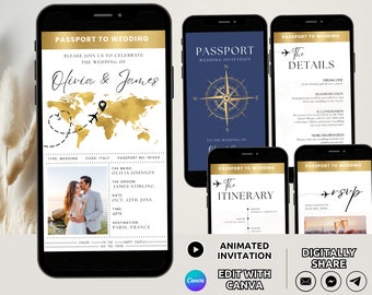 Modèle électronique de suite de faire-part de mariage passeport, ensemble animé d'invitation de mariage à destination, paquet d'invitation de mariage de voyage RSVP modifiable