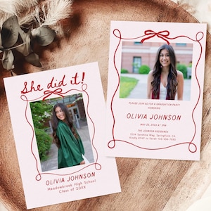 Graduation Invitation Template, Senior Graduate Announcement, Wavy Hand Drawn Graduation Party Invite, Bow Photo Graduation Card Editable