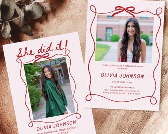 Graduation Invitation Template, Senior Graduate Announcement, Wavy Hand Drawn Graduation Party Invite, Bow Photo Graduation Card Editable